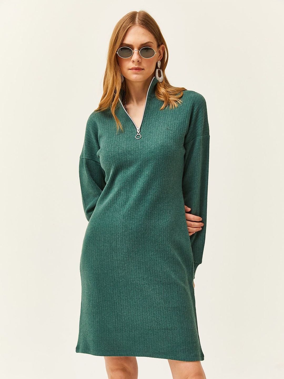 

Olalook Cuffed Sleeves Cotton Sheath Dress, Green