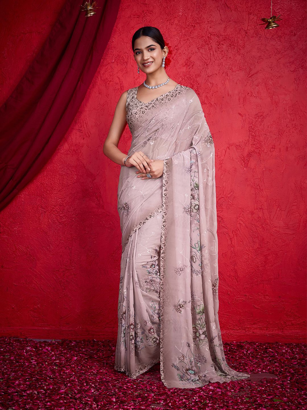 

all about you Floral Embroidered Poly Chiffon Saree, Peach