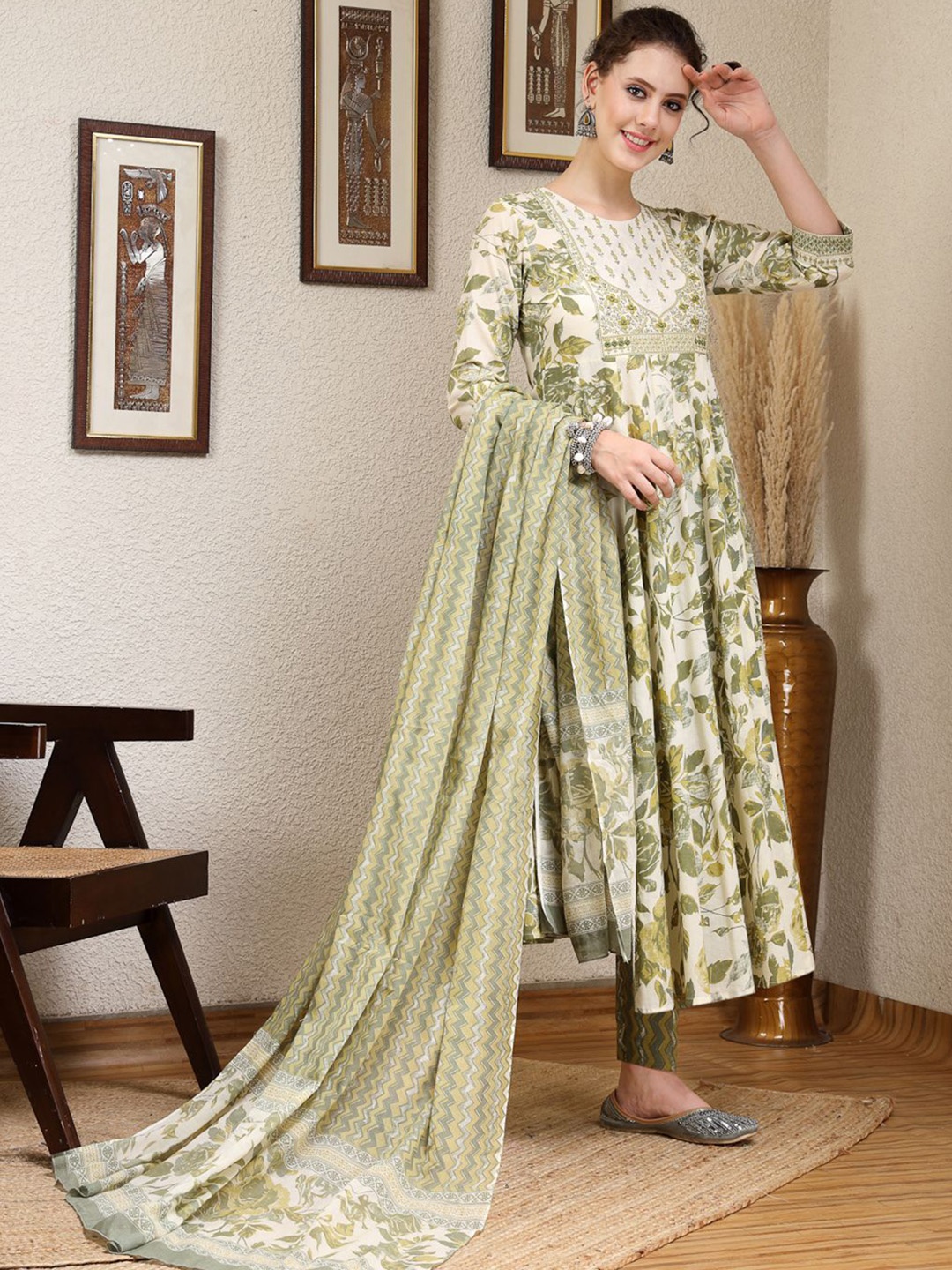 

GULMOHAR JAIPUR Floral Embroidered Sequined Cotton Anarkali Kurta With Trousers & Dupatta, Olive