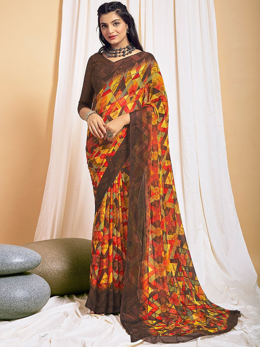 

KALINI Poly Chiffon Saree, Brown