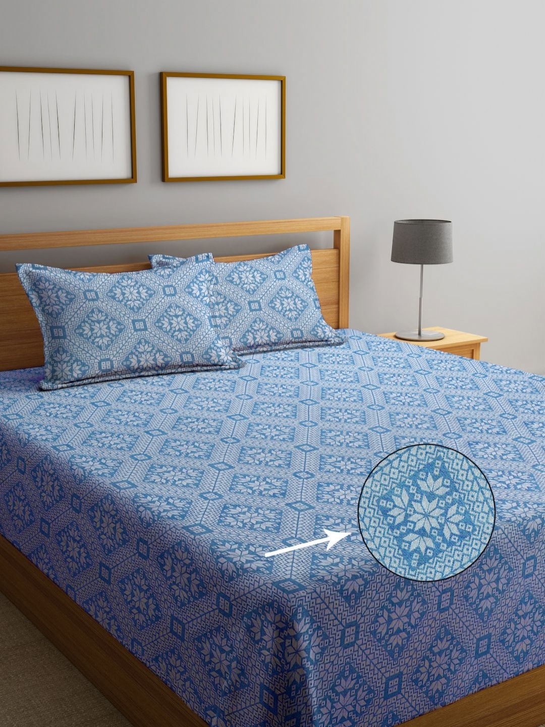 

KLOTTHE Blue Floral Design Pure Cotton King Size Bedcover With 2 Pillow Covers