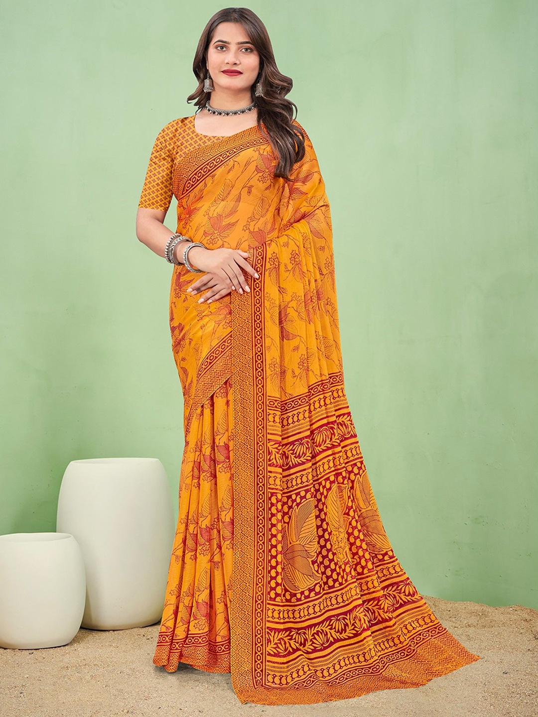 

KALINI Ethnic Motifs Poly Chiffon Saree, Mustard