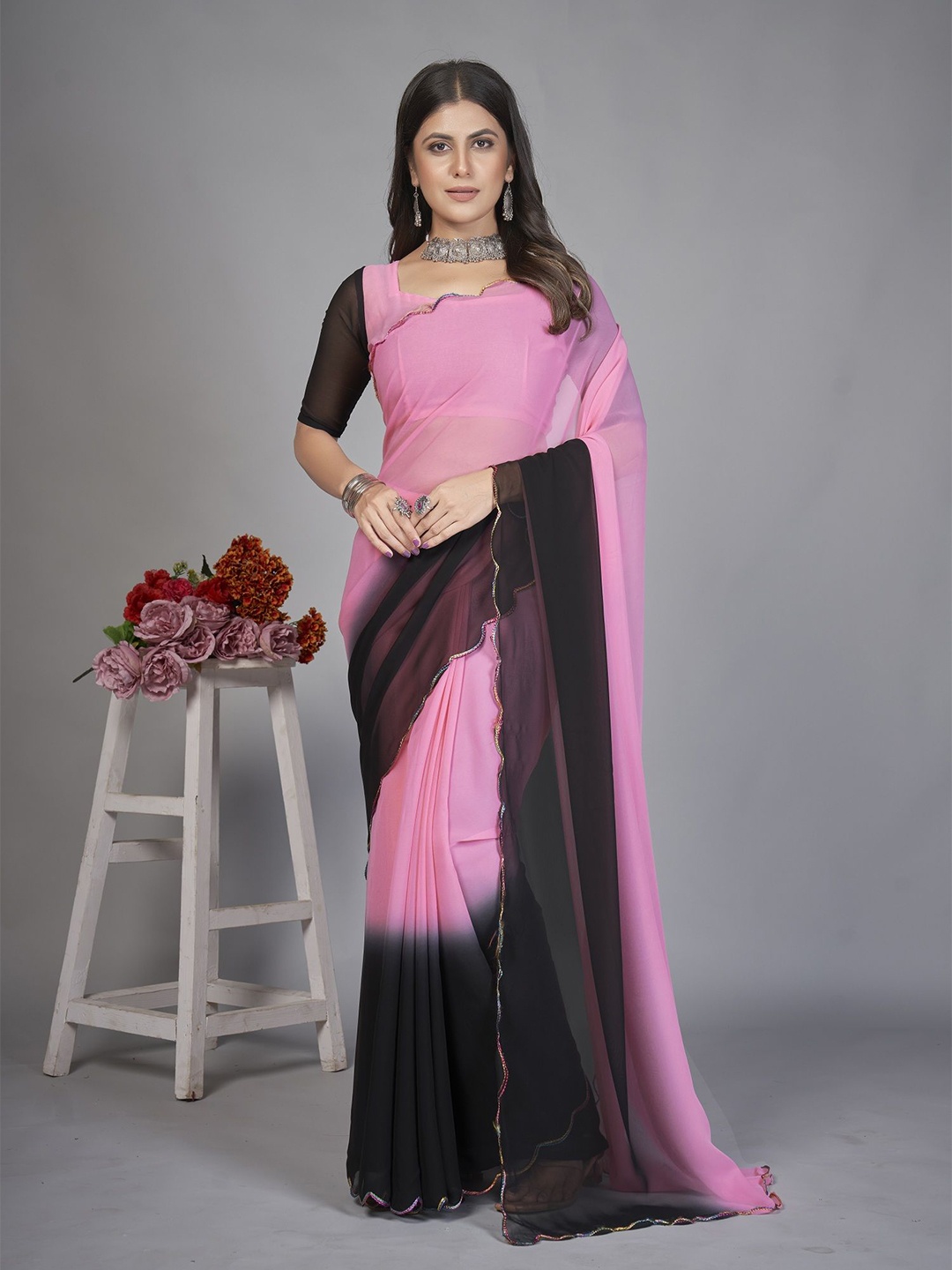 

Aika Colourblocked Pure Georgette Half and Half Saree, Peach