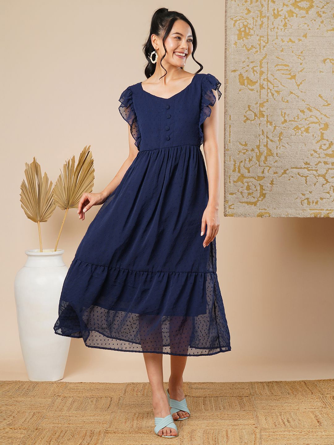 

CARTYSHOP Dobby Woven Georgette Fit & Flare Midi Dress, Navy blue