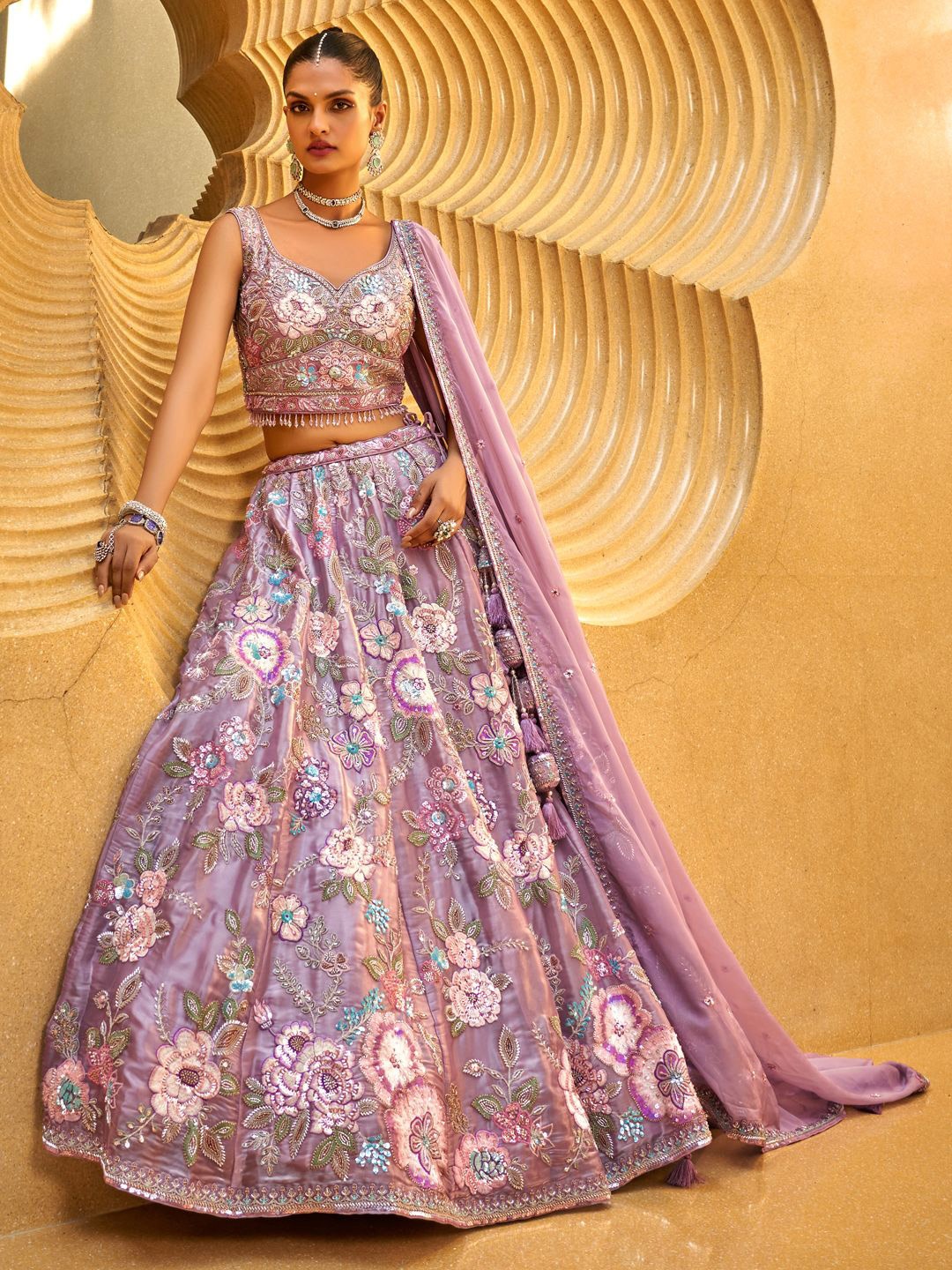 

panchhi Embroidered Sequinned Semi-Stitched Lehenga & Unstitched Blouse With Dupatta, Lavender