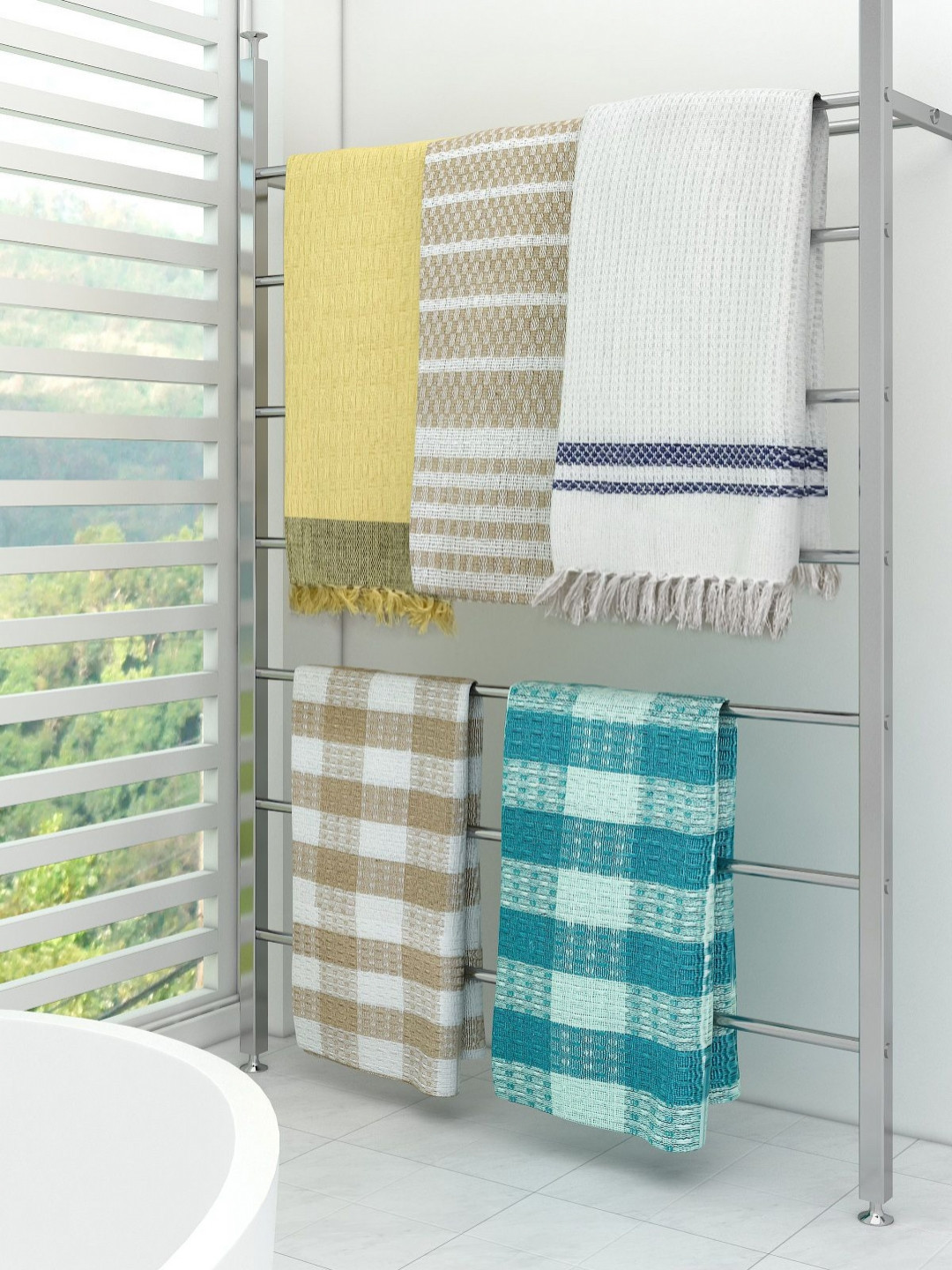

Aura White & Yellow 5 Pieces Printed Cotton 210 GSM Bath Towel