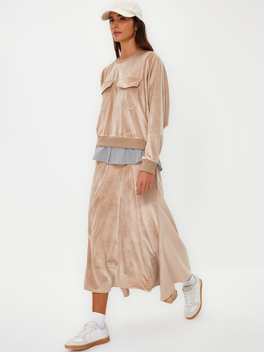 

Trendyol Round Neck T-Shirt With Skirt, Beige