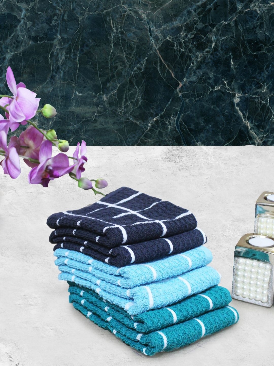 

Aura Blue & White 6 Pieces Checked Pure Cotton 150 GSM Hand Towels, Navy blue