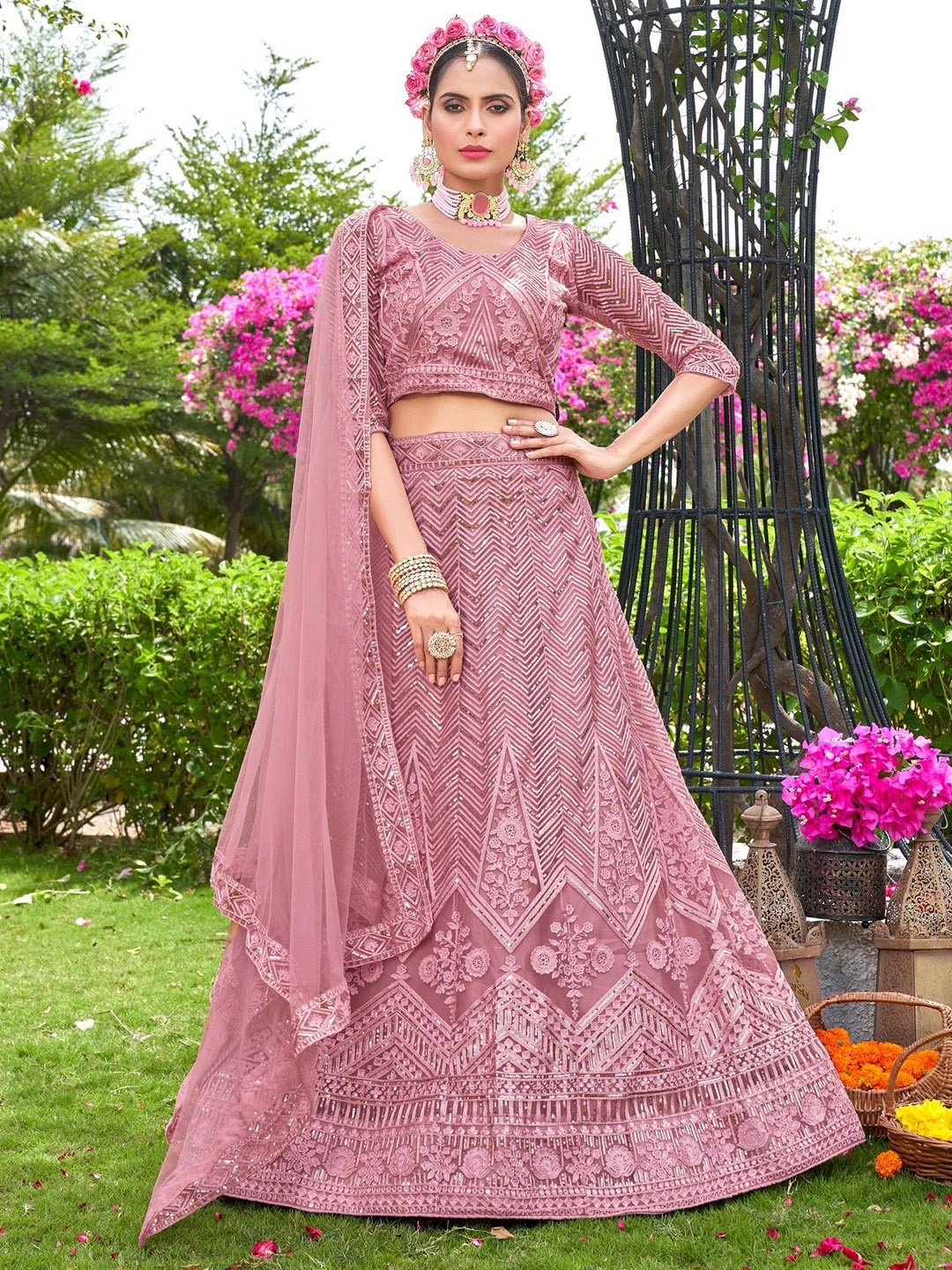 

VARNI FABRICS Embroidered Semi-Stitched Lehenga & Unstitched Blouse With Dupatta, Pink