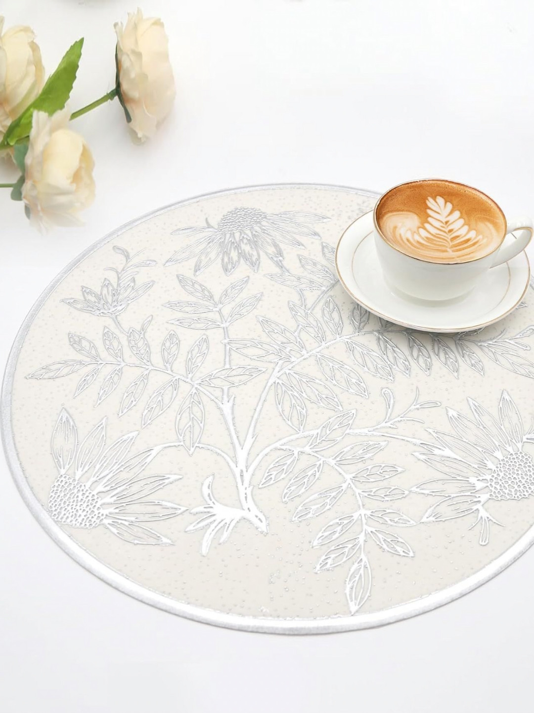 

Dakshya Industries 4 Pieces White & Silver-Toned Floral Embellished Round Table Placemats