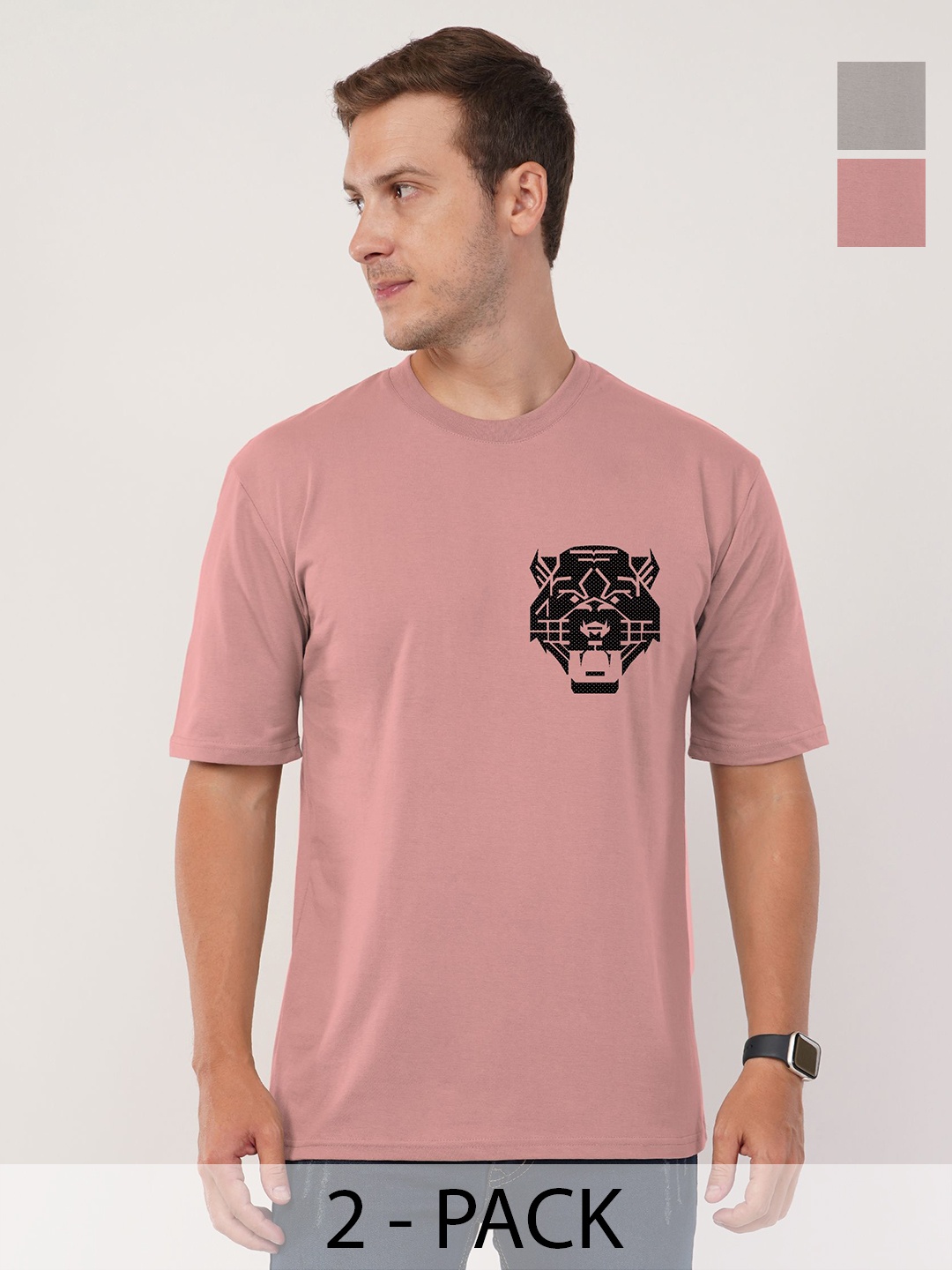 

AUSK Men 2 Printed Raw Edge T-shirt, Peach