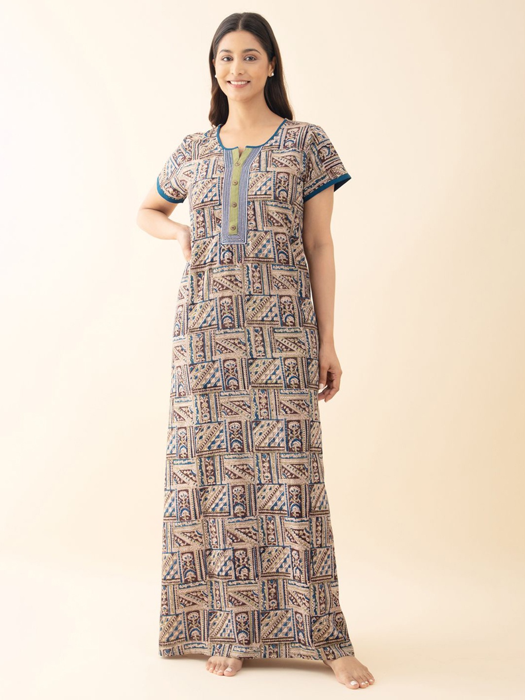 

Maybell Printed Maxi pure cotton Nightdress, Blue