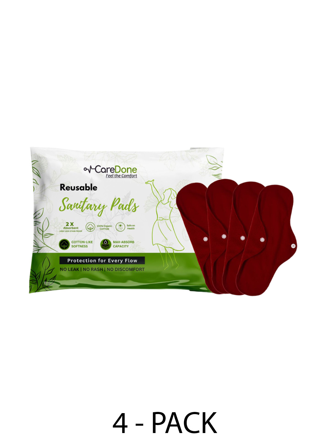

CareDone Set Of 4 Reusable 100% Organic Cotton Sanitary Cloth Pads - XL, Maroon