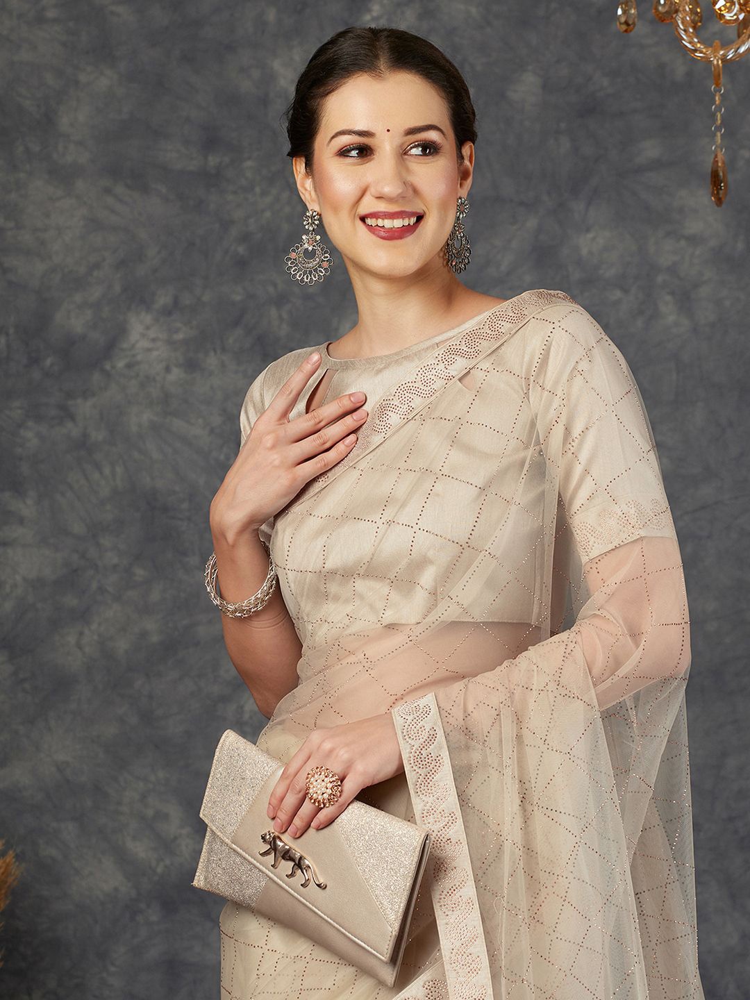 

Satrani Embellished Net Saree, Beige