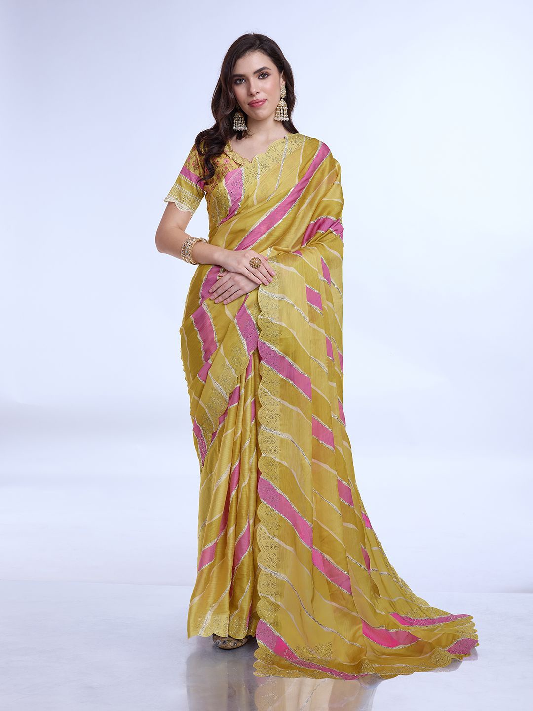 

all about you Leheriya Beads and Stones Poly Chiffon Leheriya Saree, Mustard