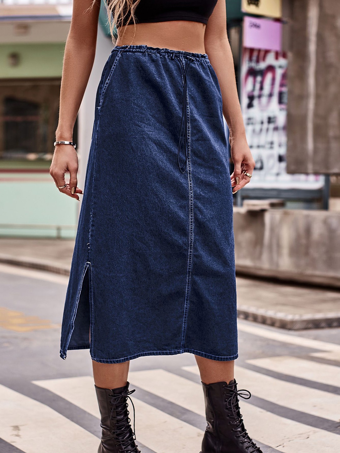

StyleCast Washed Denim Midi A-Line Skirt, Navy blue