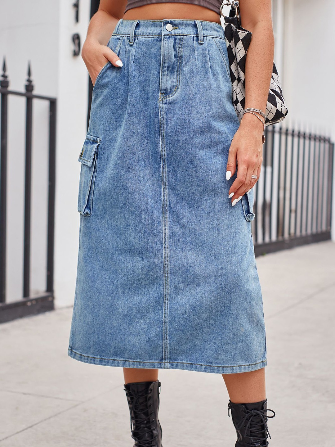 

StyleCast Women Denim Midi A-Line Skirt, Blue
