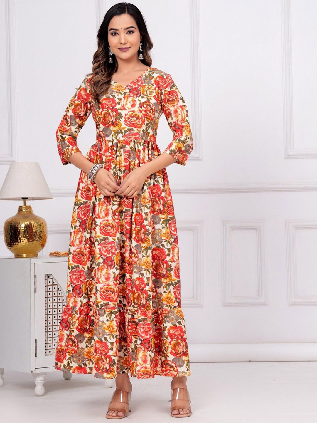 

OKD Empires Floral Printed Fit & Flare Midi Dress, Red