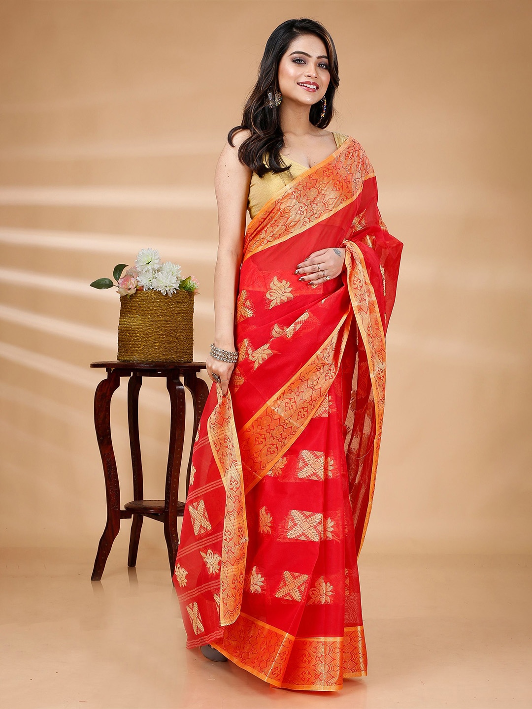 

PuJoy Ethnic Motifs Pure Cotton Taant Saree, Red