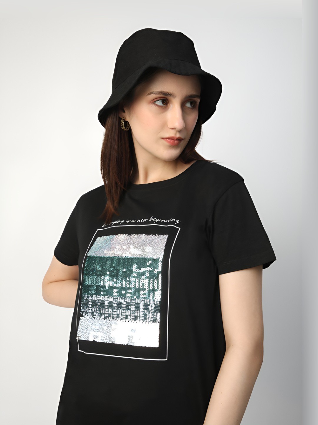 

R&B Women Graphic Printed Round Neck Cotton T-Shirt, Black