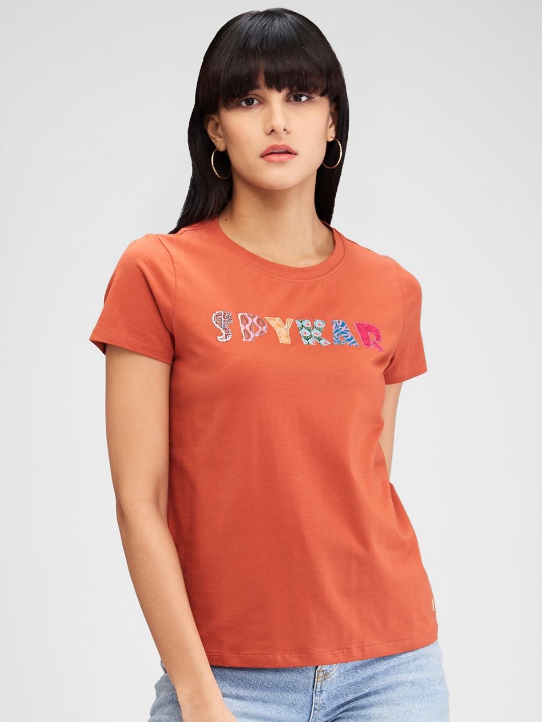 

SPYKAR Women Typography T-shirt, Brown