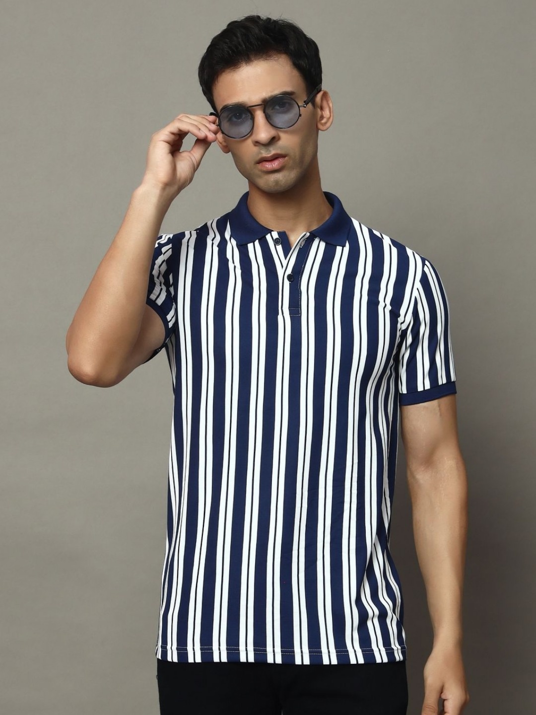 

OGEN Men Striped Polo Collar Pockets T-shirt, Navy blue