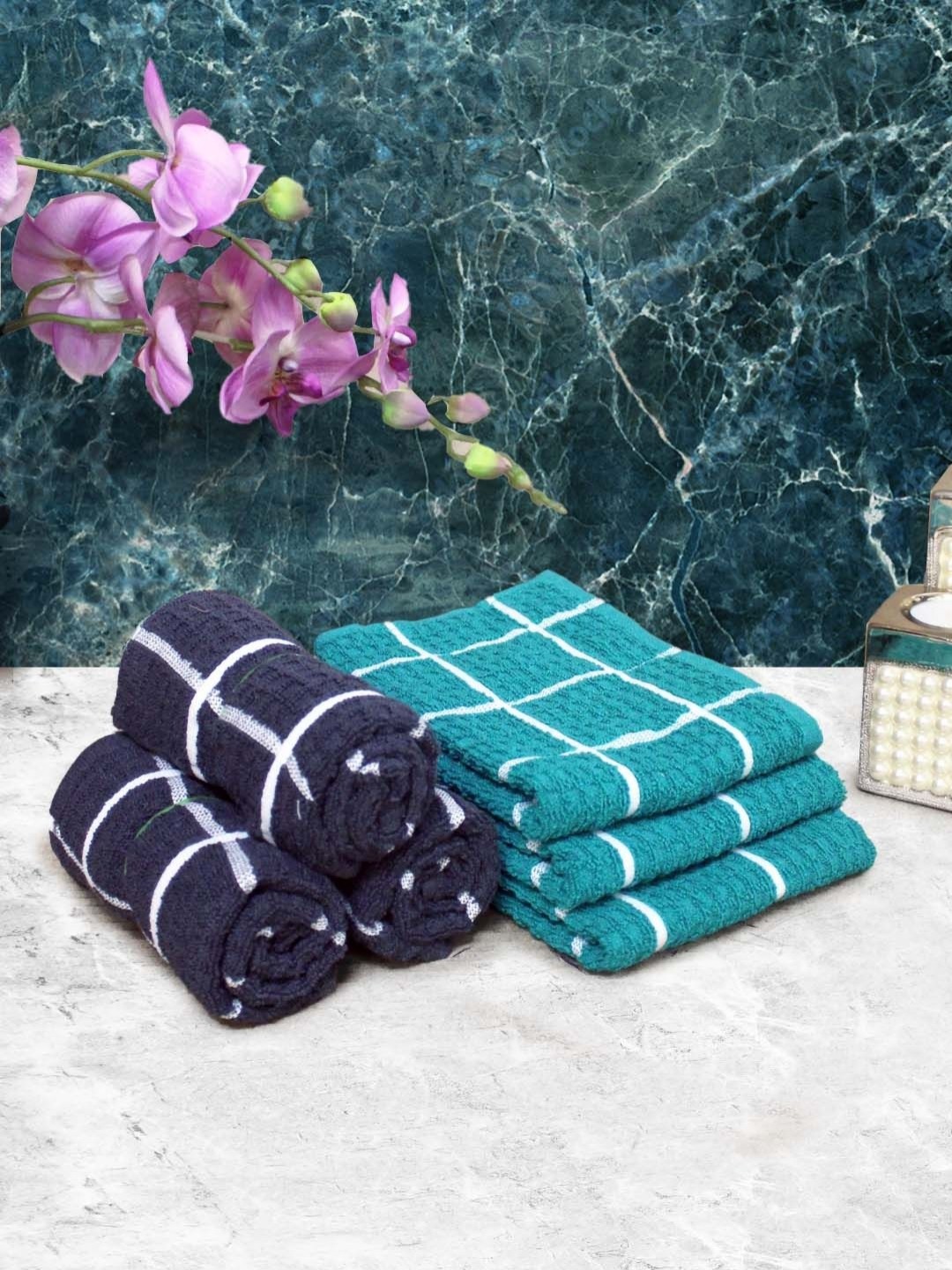 

Aura Green & Navy Blue 6 Pieces Checked Pure Cotton Hand Towels
