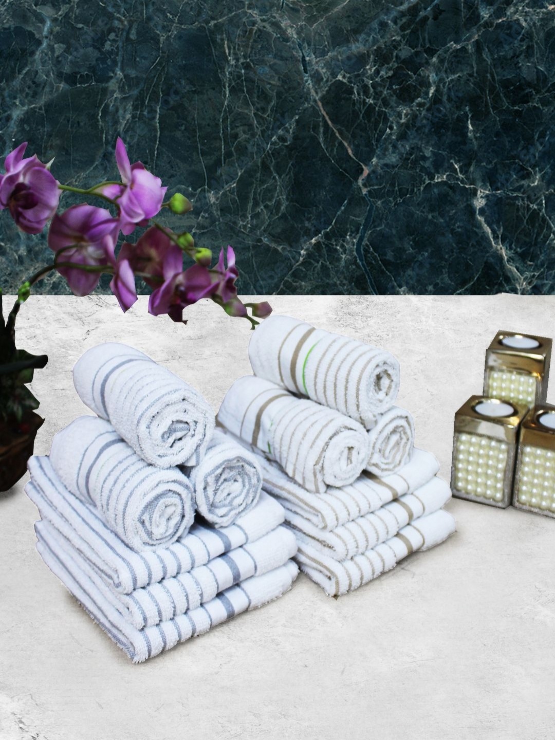 

Aura White & Grey 12 Pieces Striped Pure Cotton 150 GSM Hand Towels