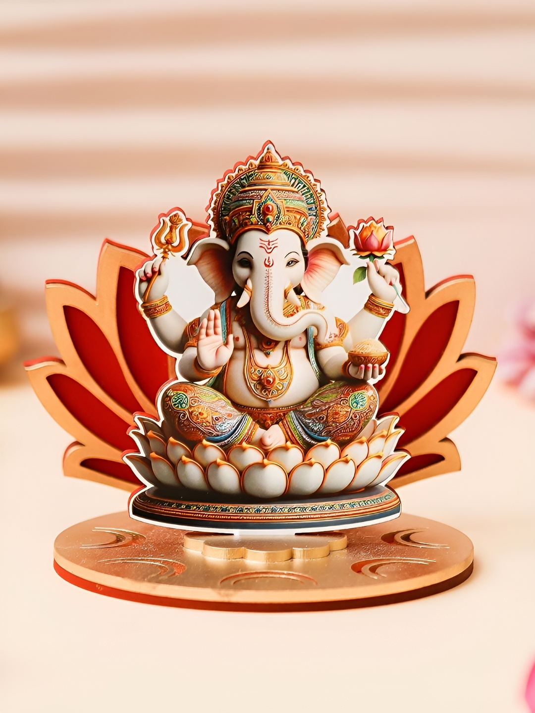 

eCraftIndia Red Religious Mdf Wood Ganesha on Lotus Flower Figurine Showpiece