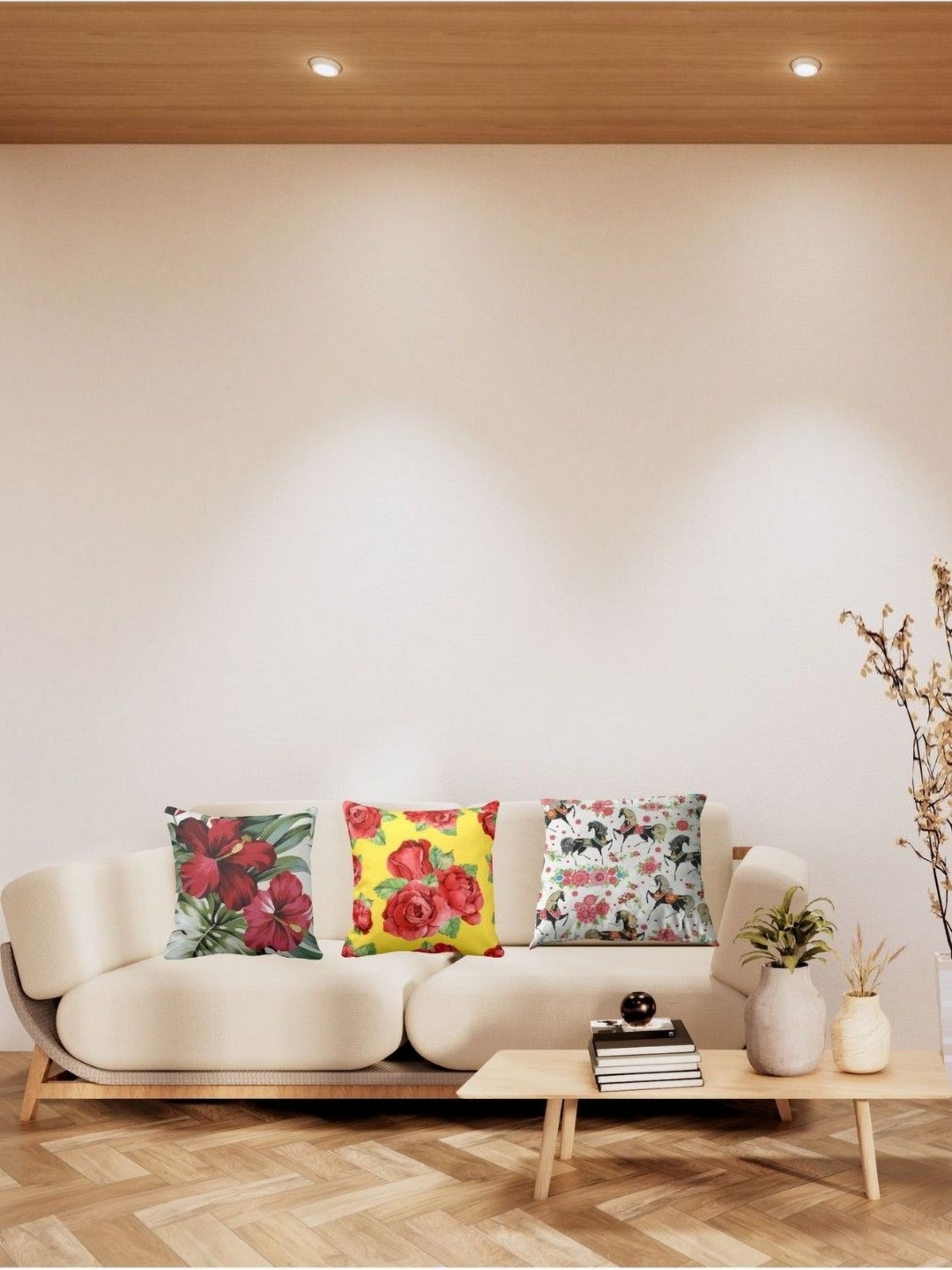 

THEYAYACAFE White & Red 3 Pieces Floral Velvet Square Cushion Covers