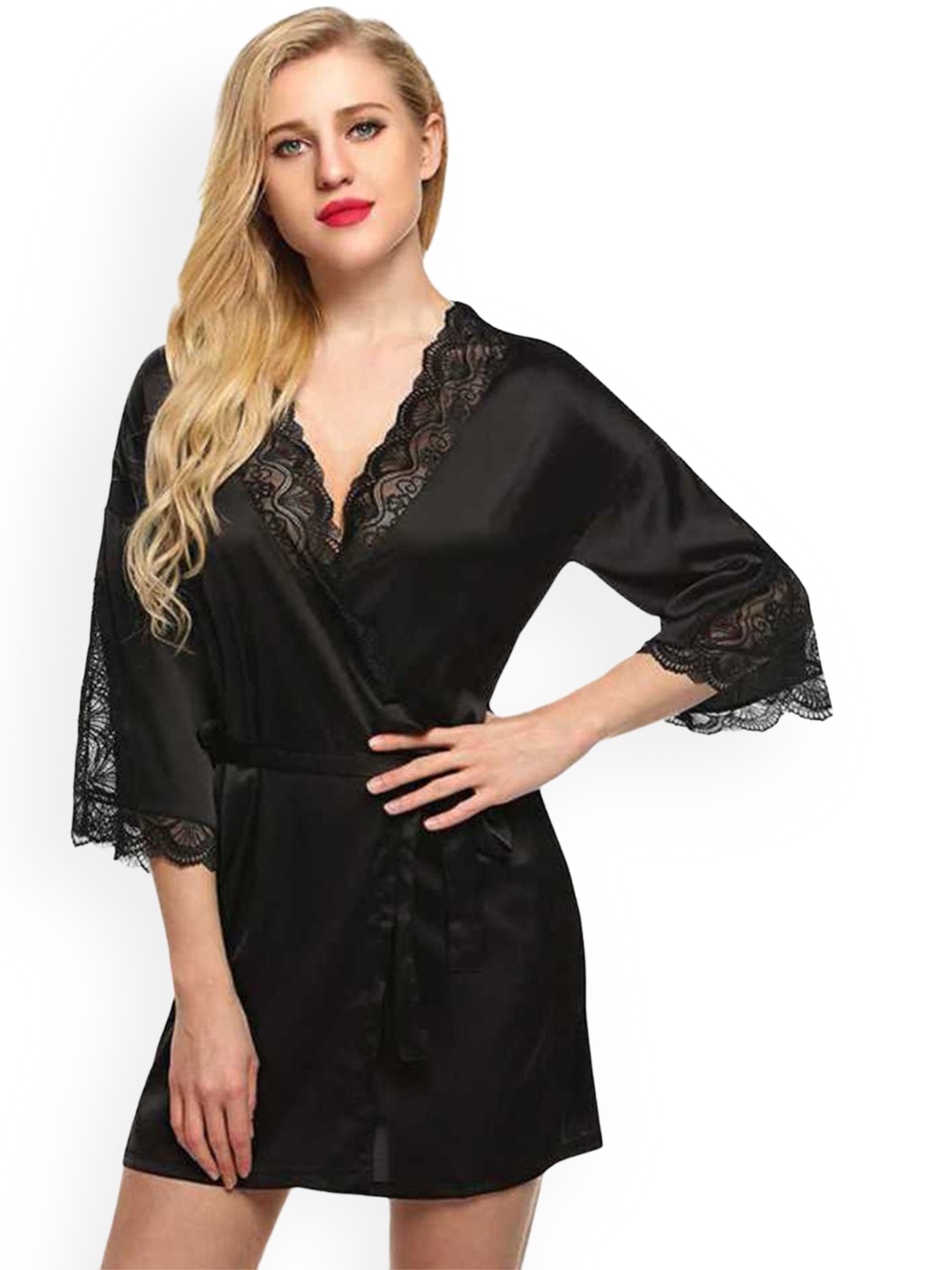 

chia fashions Satin Self Design Baby Doll With Robe and Bikini Set, Black