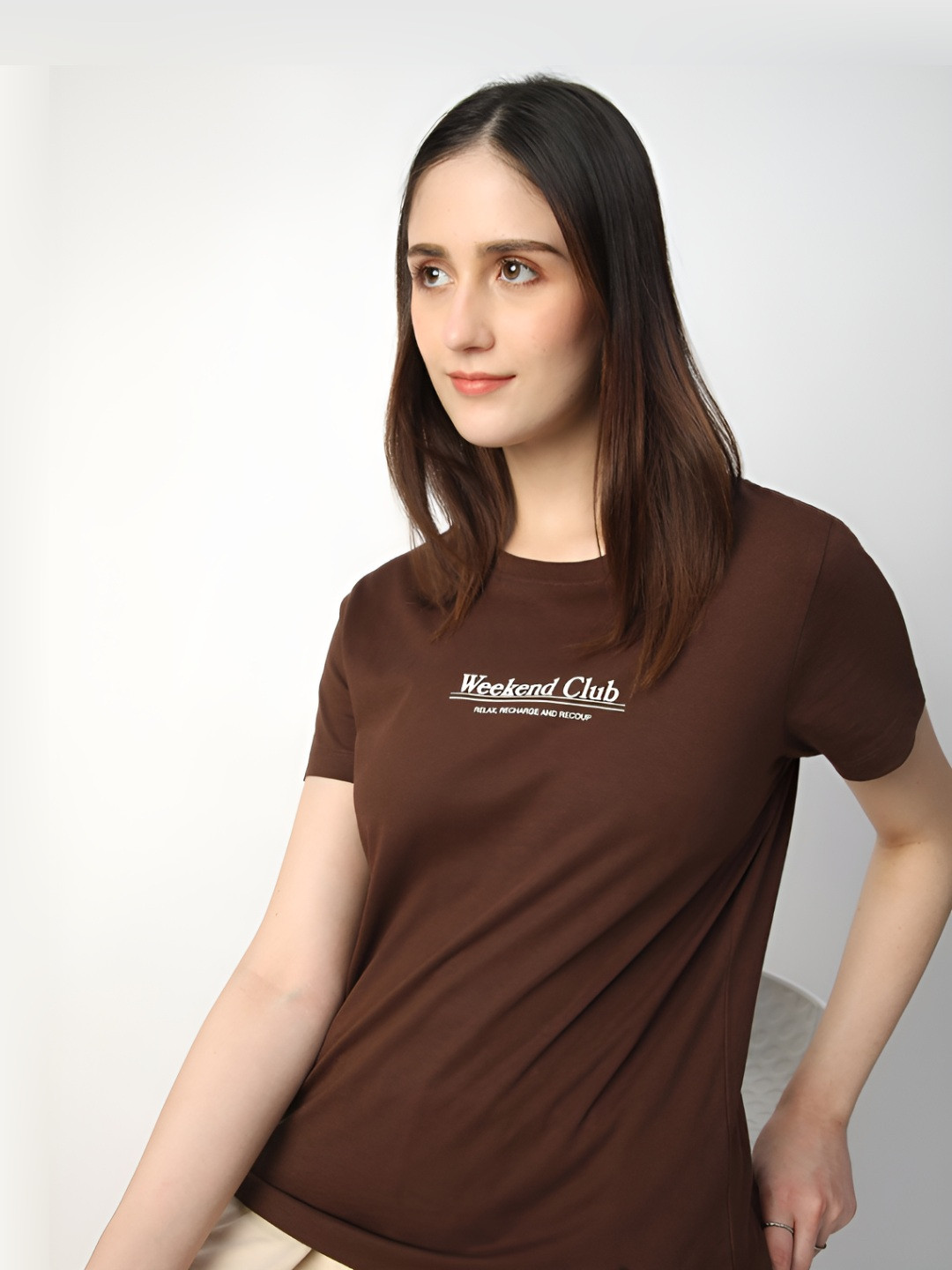 

R&B Women Typography Printed Round Neck Cotton T-Shirt, Brown