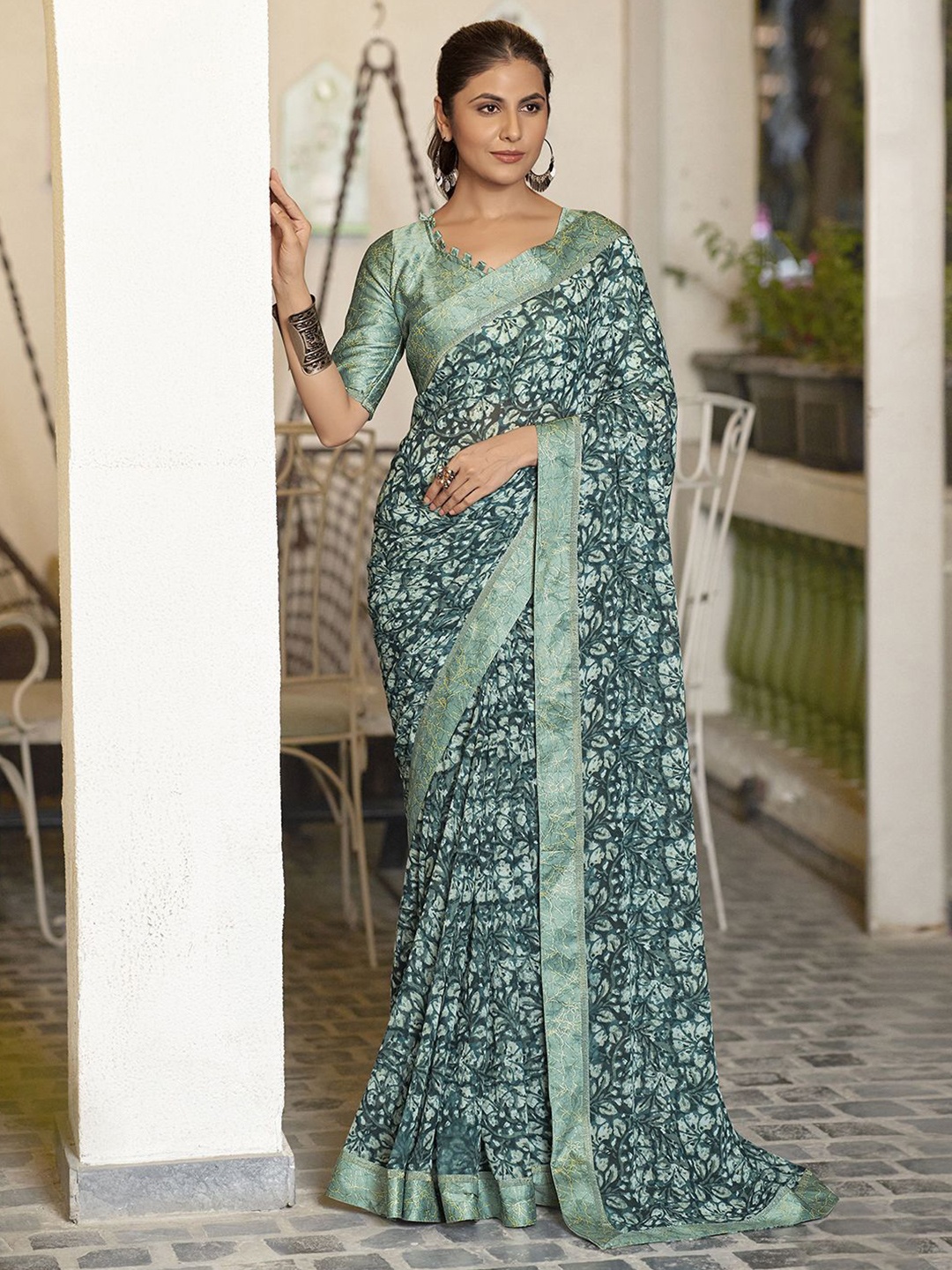 

Satrani Ethnic Motifs Pure Georgette Muga Saree, Green