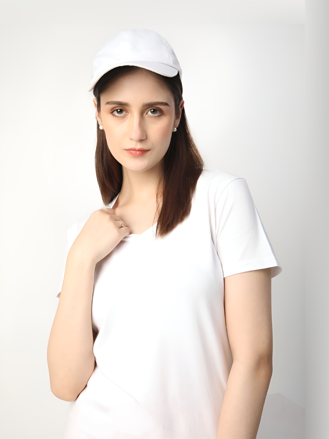 

R&B Women Solid V-Neck Cotton T-Shirt, White