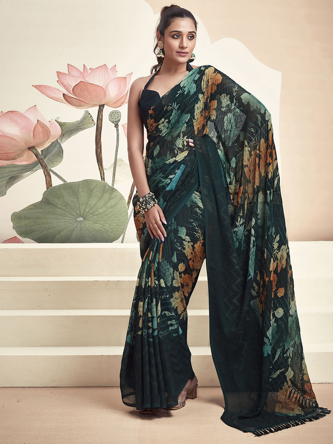 

Mitera Floral Sequinned Pure Georgette Saree, Green