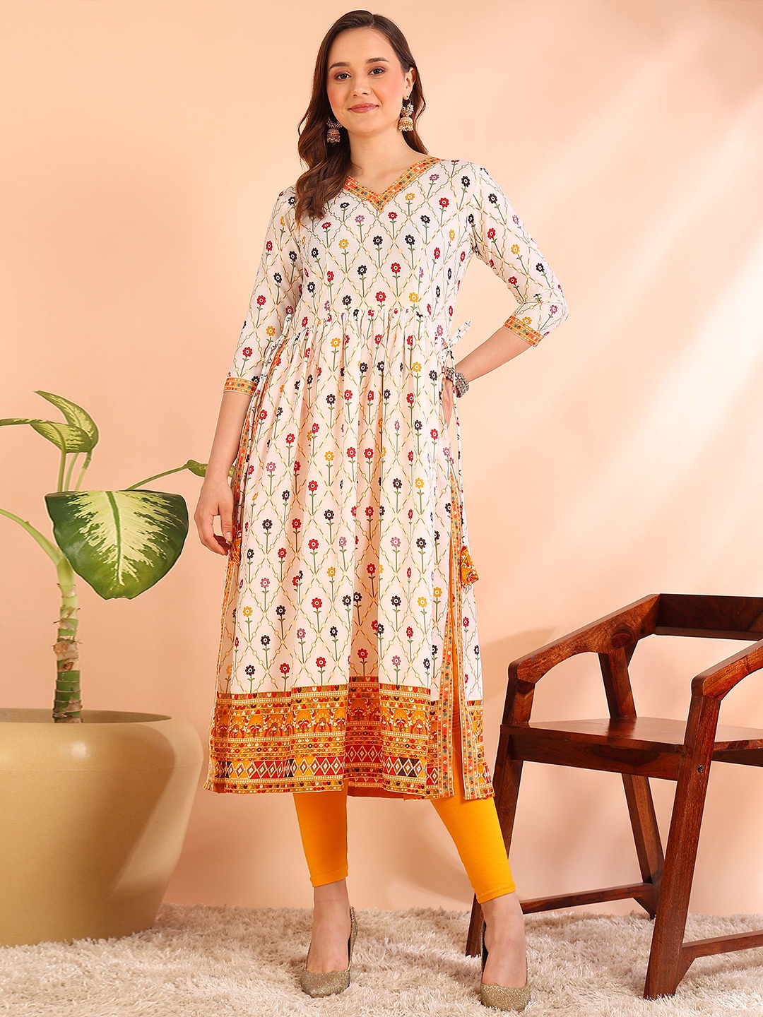 

DSK STUDIO Printed A-line Kurta, Mustard
