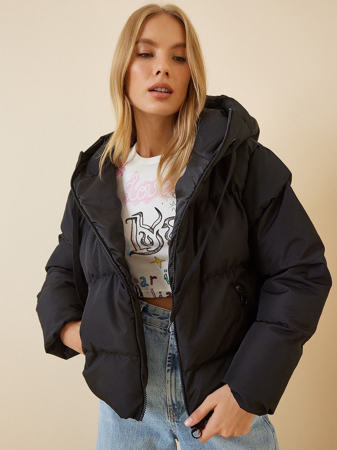 

Happiness istanbul Hooded Zipper Puffer Jacket, Black