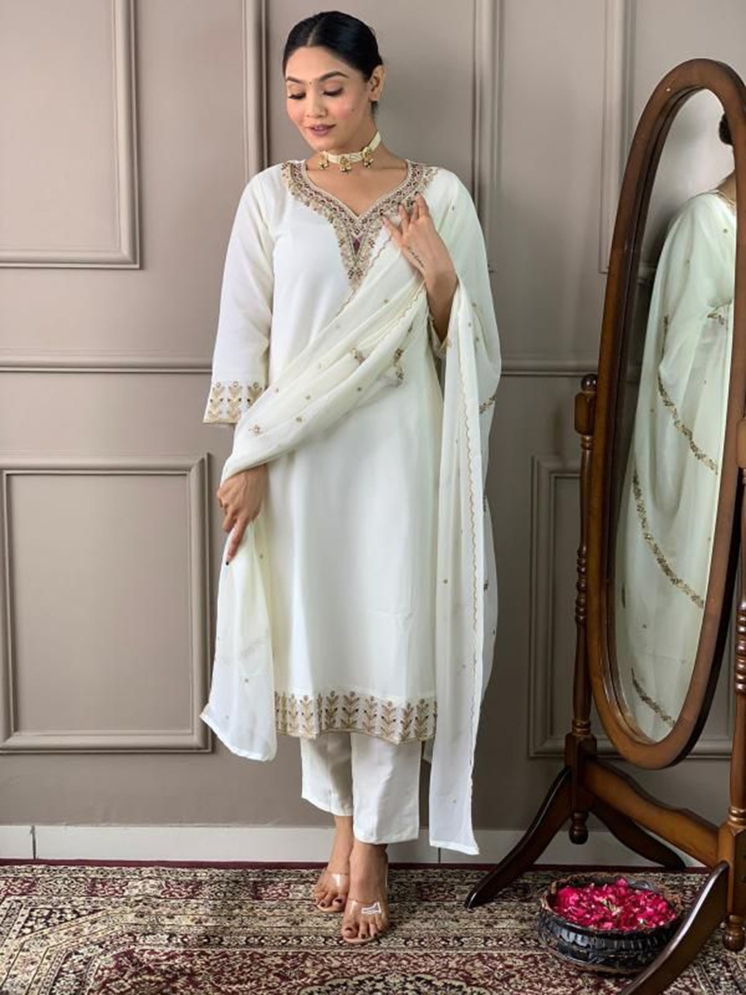 

THE52 Yoke Design Sequinned Straight Kurta with Trousers & With Dupatta, White