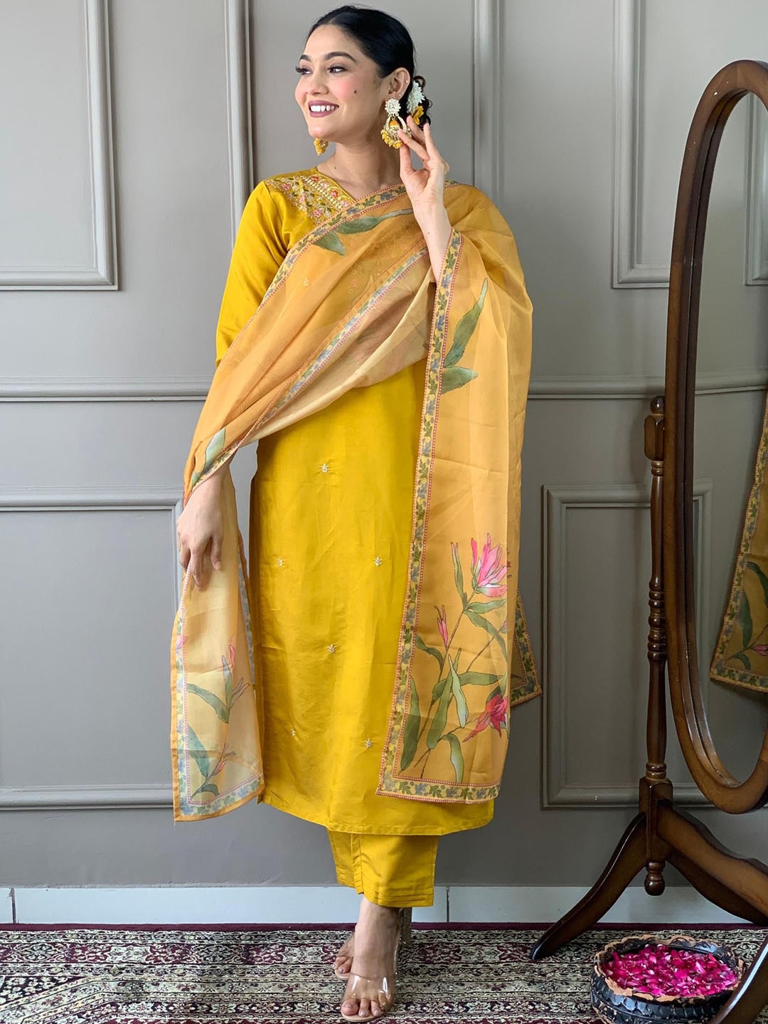 

THE52 Floral Embroidered Chanderi Silk Straight Kurta with Trousers & With Dupatta, Mustard