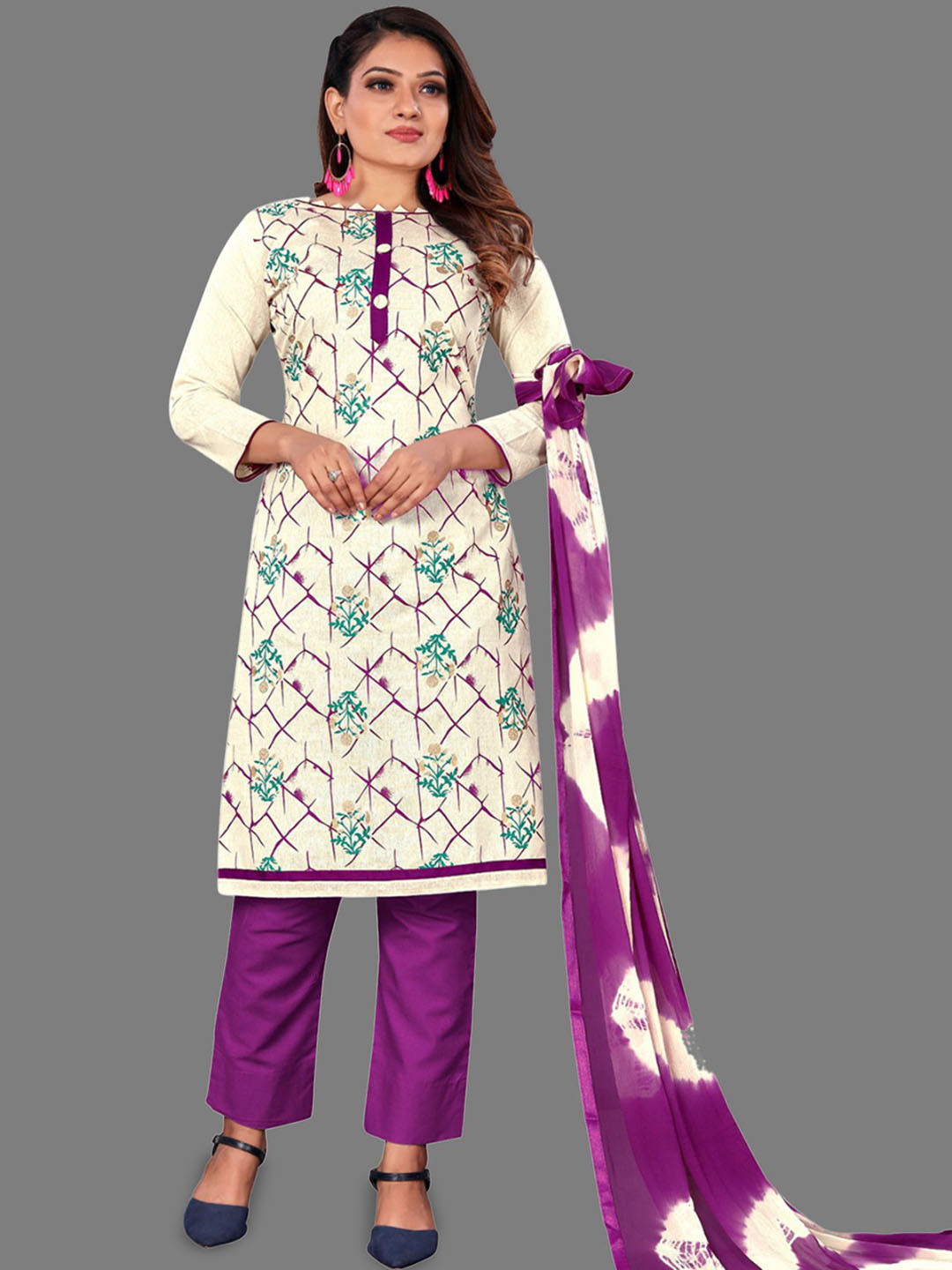 

Aika Floral Printed Pure Cotton Unstitched Dress Material, Lavender