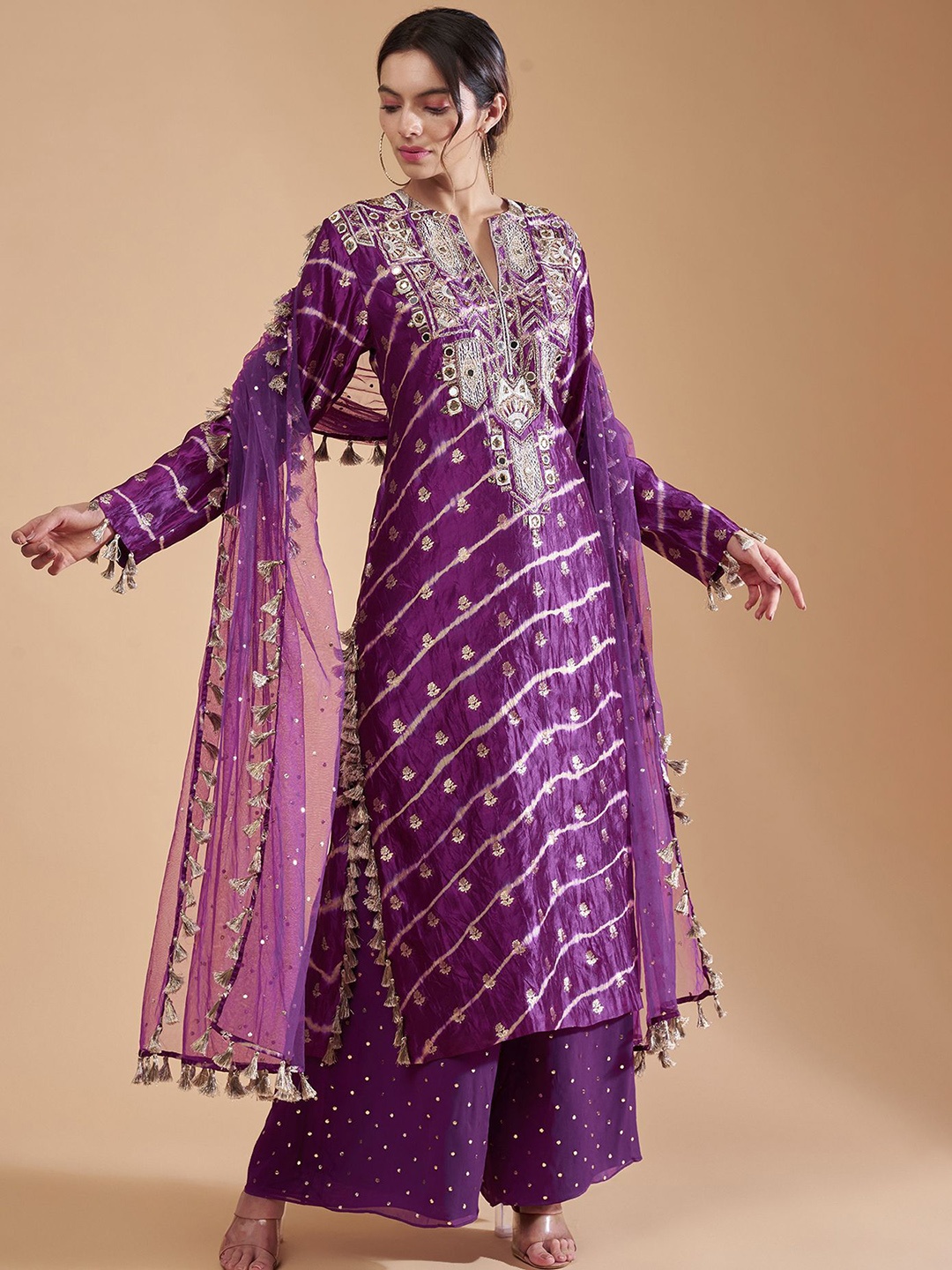 

Payal Singhal Floral Embroidered Regular Pure Silk Straight Kurta with Palazzos & Dupatta, Purple