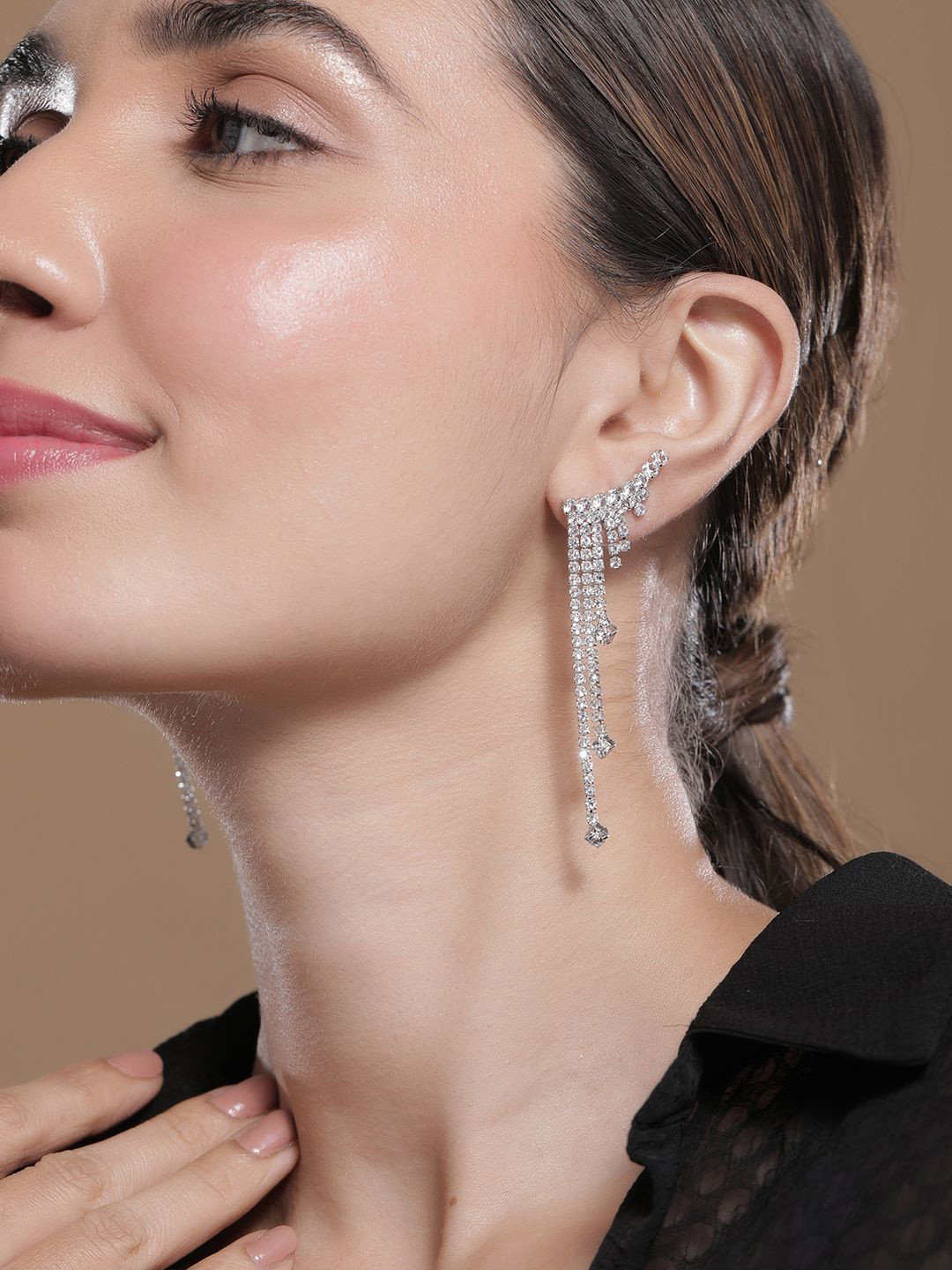 

Rubans Rhodium Plated AD & Cubic Zirconia Studded Tassel Drop Earrings, Silver