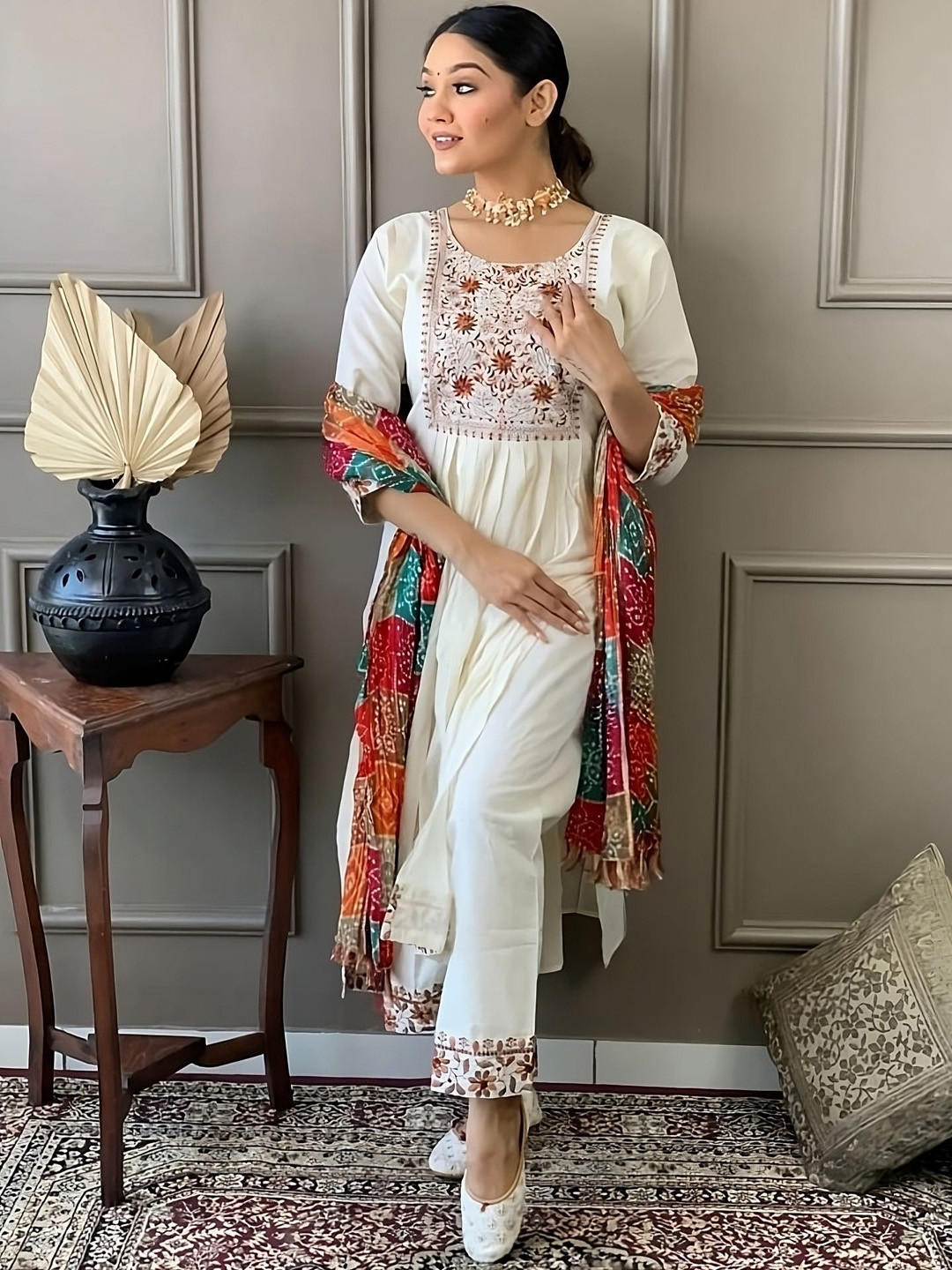 

KALINI Floral Embroidered Pleated Chanderi Silk Straight Kurta with Trousers & Dupatta, Off white