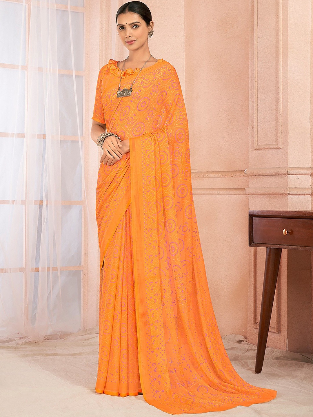 

KALINI Bandhani Poly Chiffon Saree, Orange