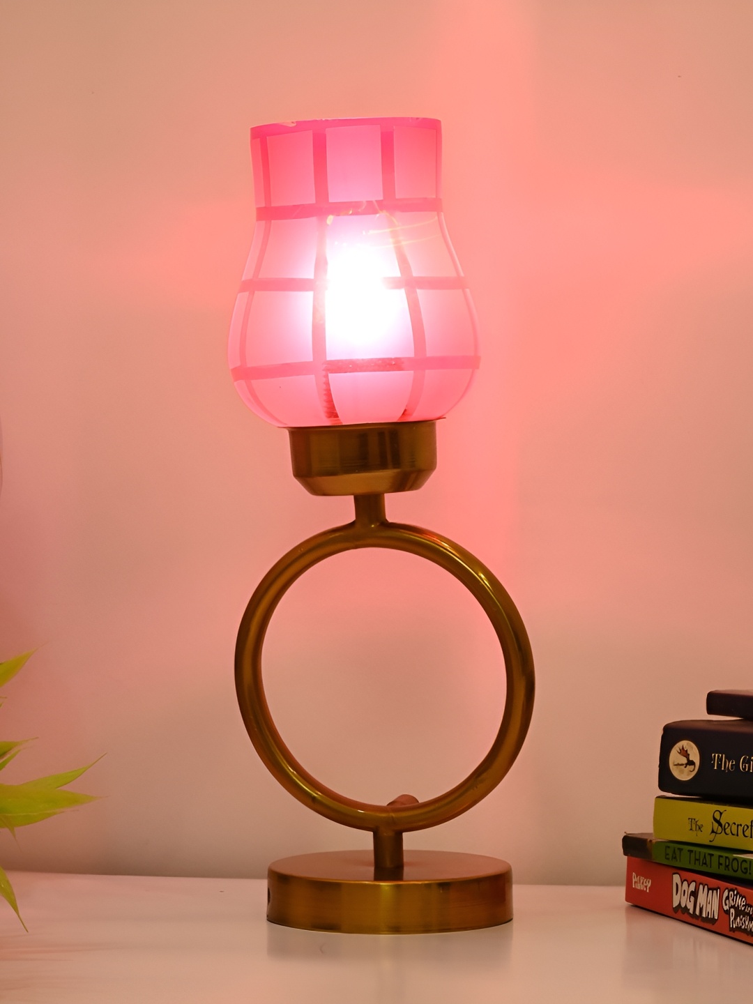 

Afast Pink & Gold Toned Textured Traditional Bell Shaped Glass Table Lamp