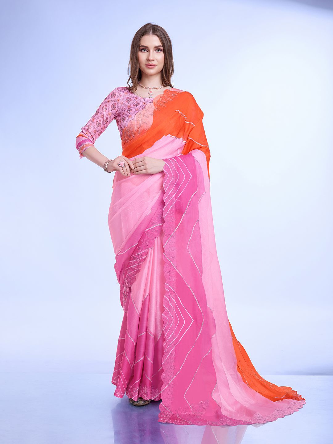 

all about you Leheriya Poly Chiffon Heavy Work Leheriya Saree, Pink