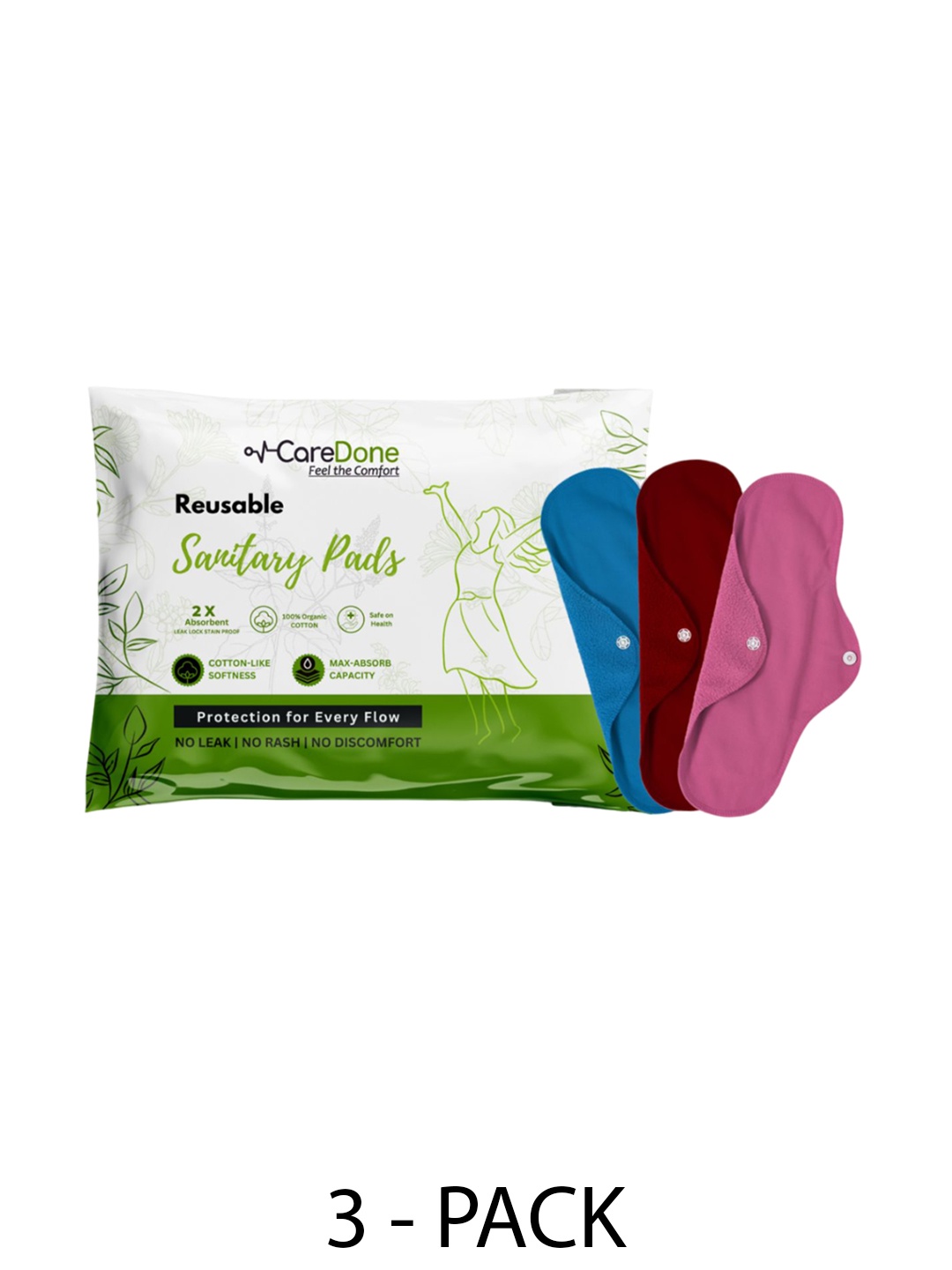 

CareDone Set Of 3 Reusable 100% Organic Cotton Sanitary Cloth Pads - XL, Blue