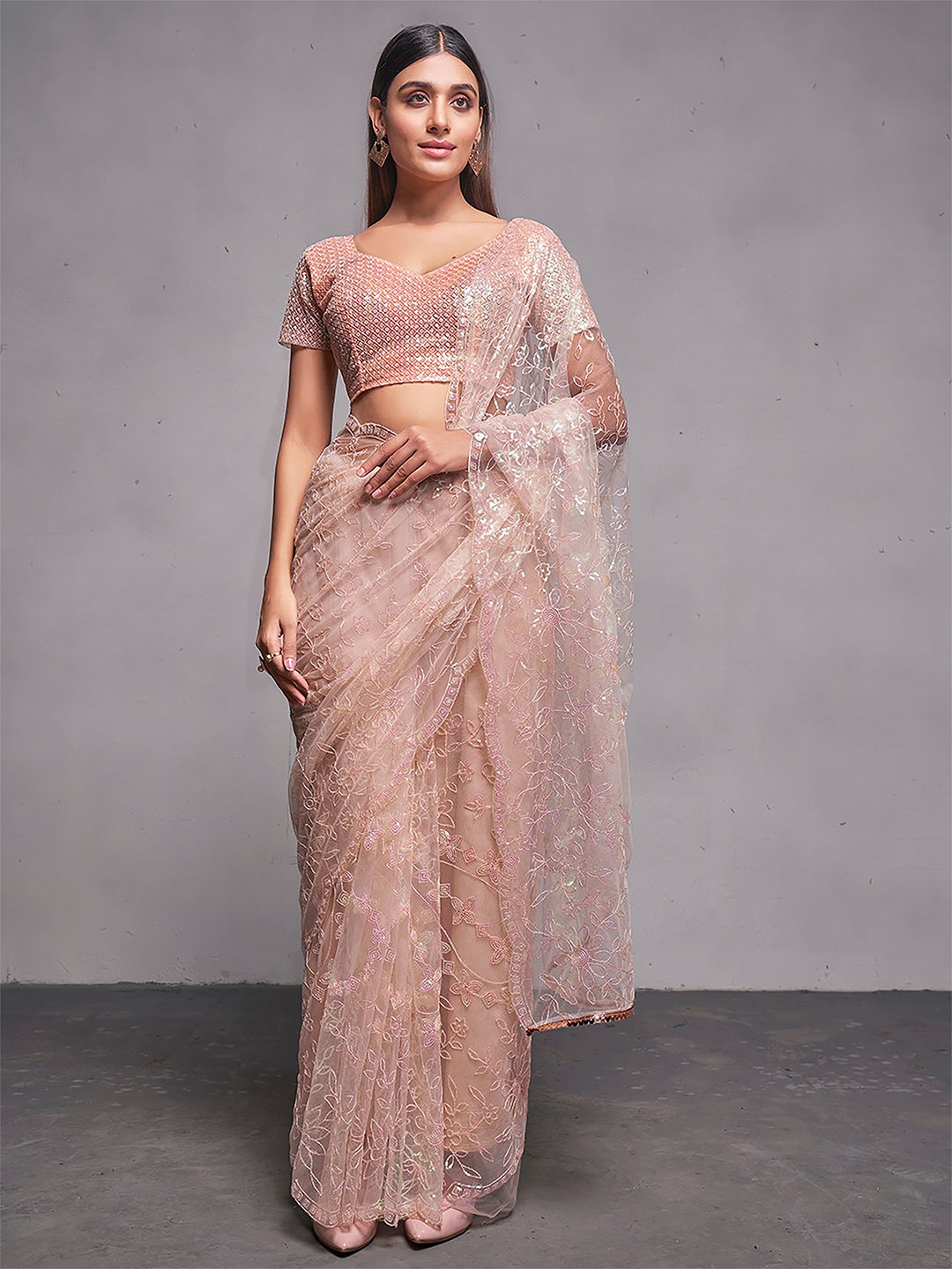 

Anouk Floral Beads and Stones Net Saree, Peach