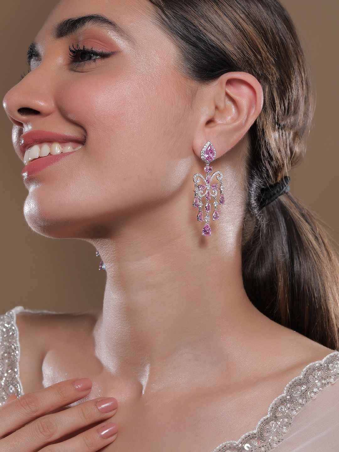 

Rhodium-Plated Crystal Pink AD & Cubic Zirconia Studded Premium Chandelier Earrings, Silver