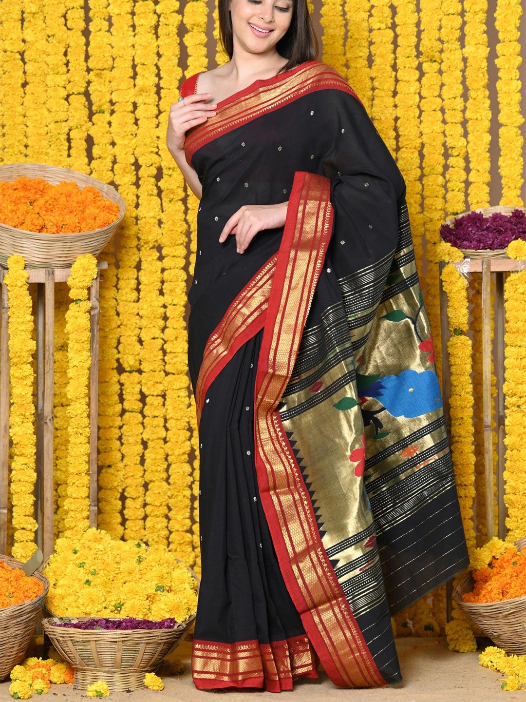 

Very Much Indian Woven Design Zari Pure Cotton Paithani Saree, Black